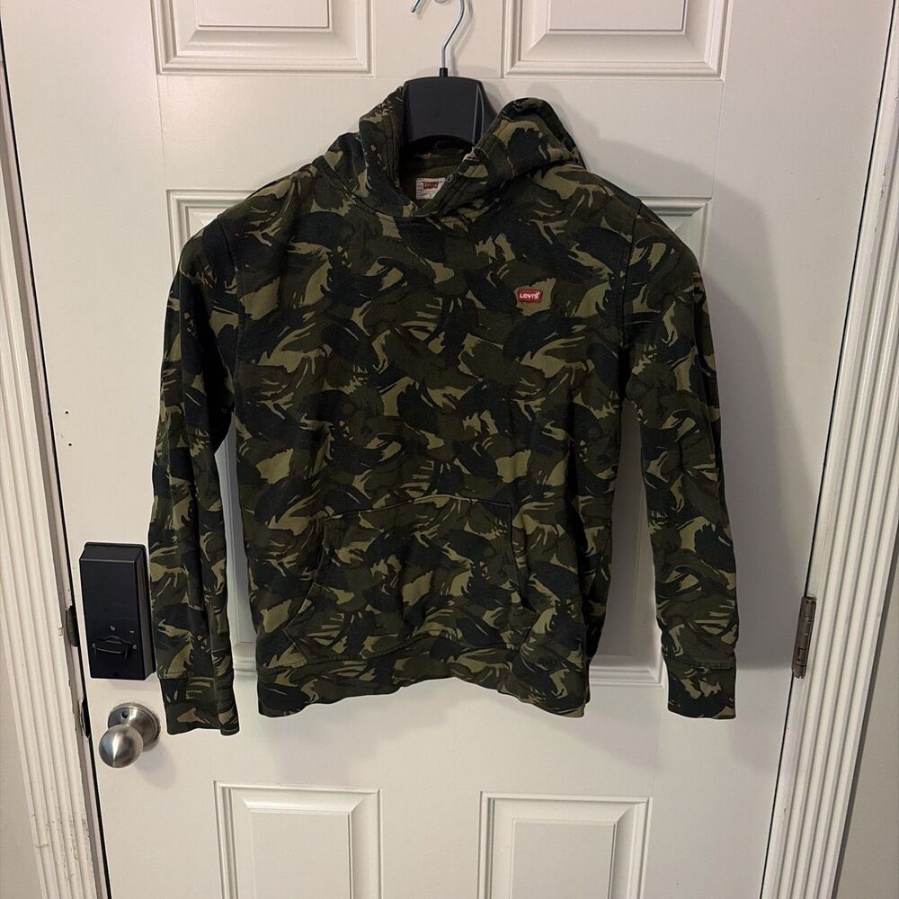 S-Levi's Camouflage Fleece Pullover Hoodie Green Black Hooded Logo S